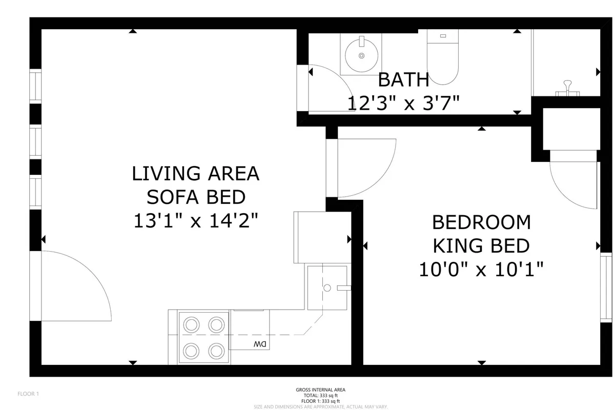 This image captures a cohesive interior layout, featuring a comfortable living area with a sofa bed, a peaceful bedroom with a king bed, and an adjacent modern bathroom. The atmosphere is inviting and showcases both the bedroom and full bath, directly reflecting the section's focus on private retreat spaces and amenities.